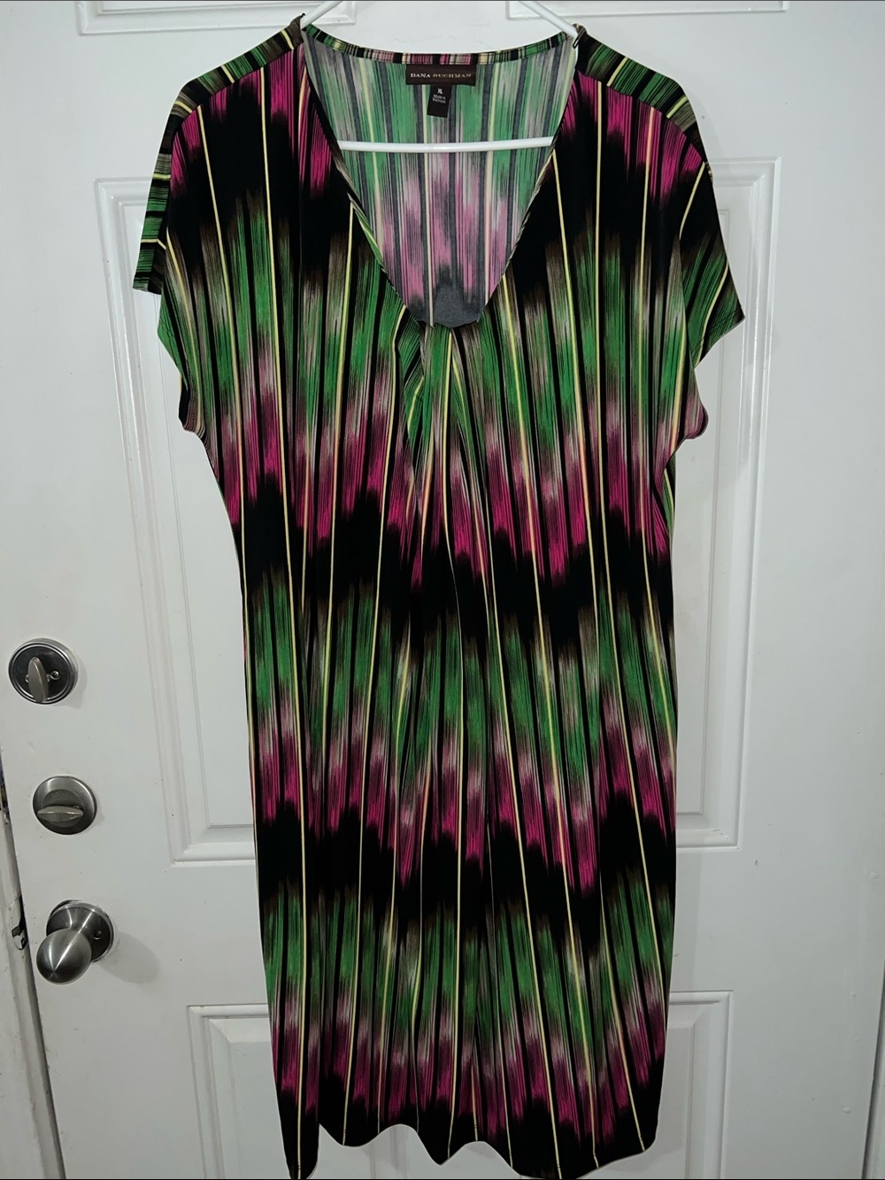 Dana Buchman Black Midi Dress with Green and Pink Brushstroke Pattern
